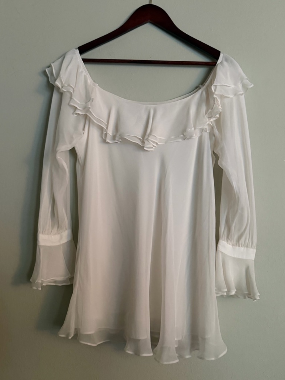 Teri Jon Rickie Freeman | Ivory Silk Ruffle Blouse  Sheer Sleeve | Size 10